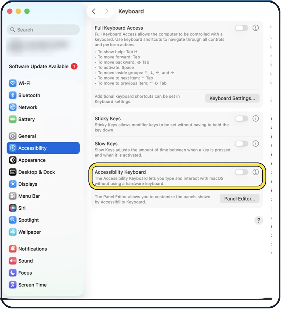 Mac screenshot: Use the on-screen keyboard meanwhile