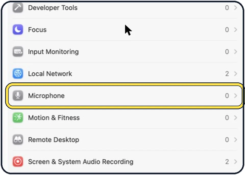 Part of the Mac System Settings window: Open Privacy & Security, then Microphone
