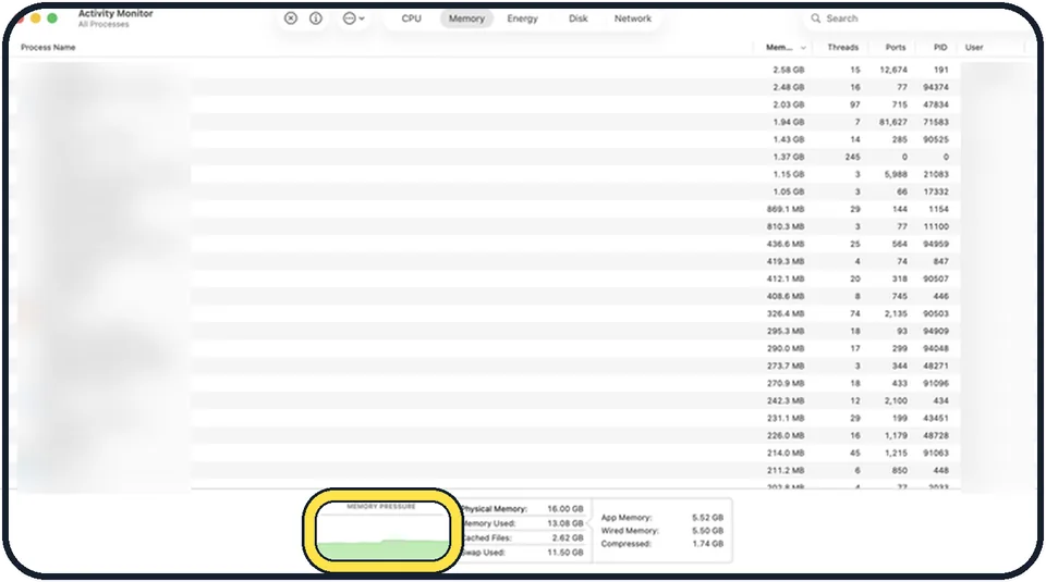 Mac screenshot: Look at Memory Pressure