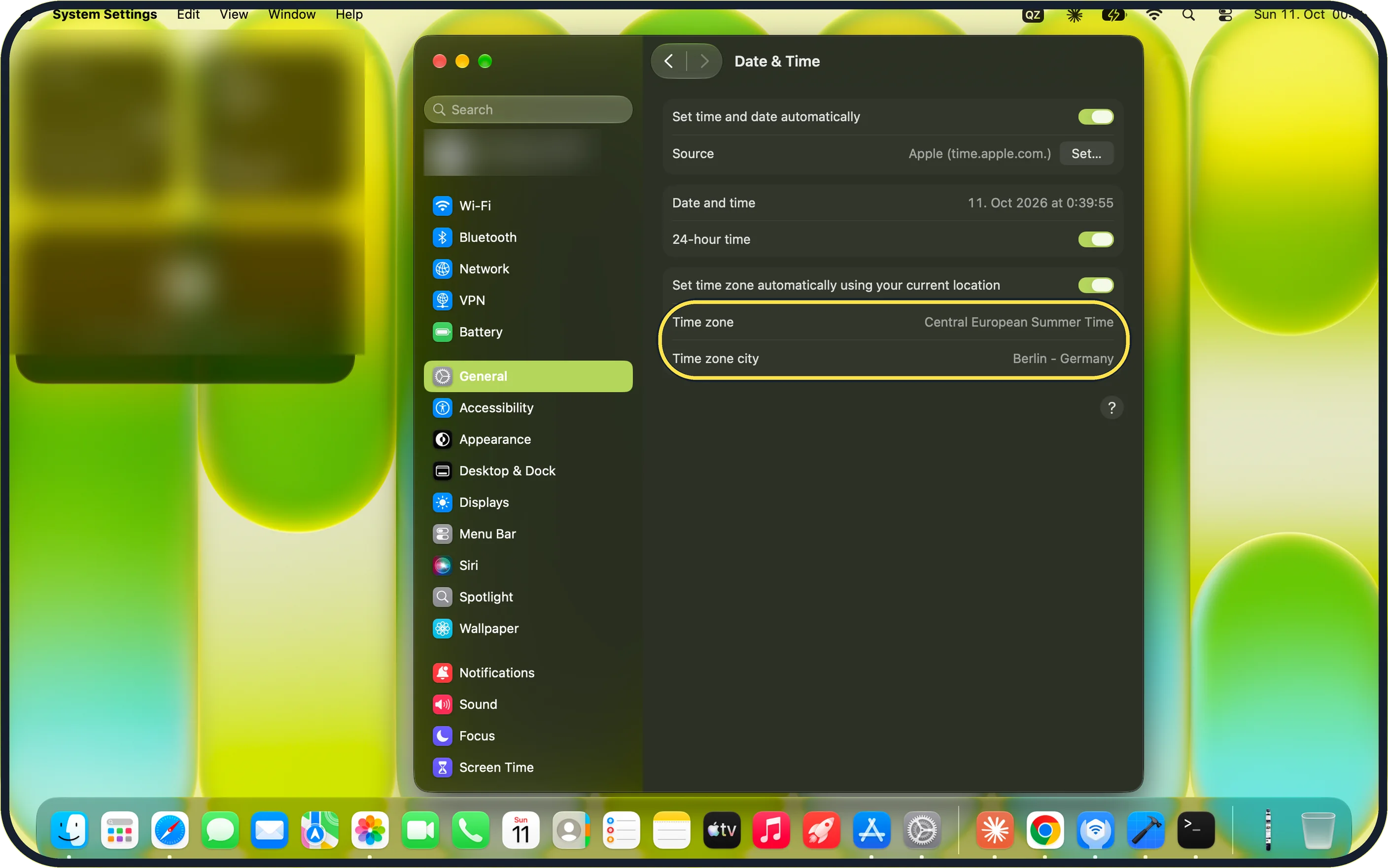 Mac screenshot: Check the time zone