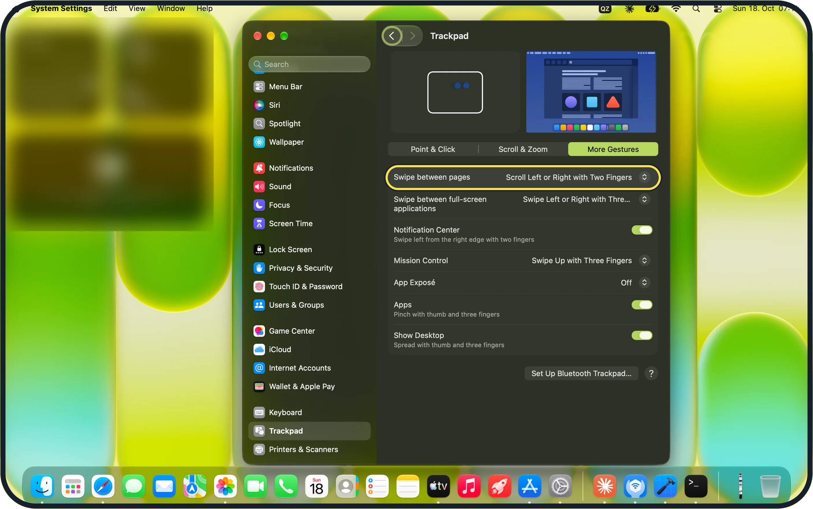 Mac screenshot: Use two fingers for pages and notifications