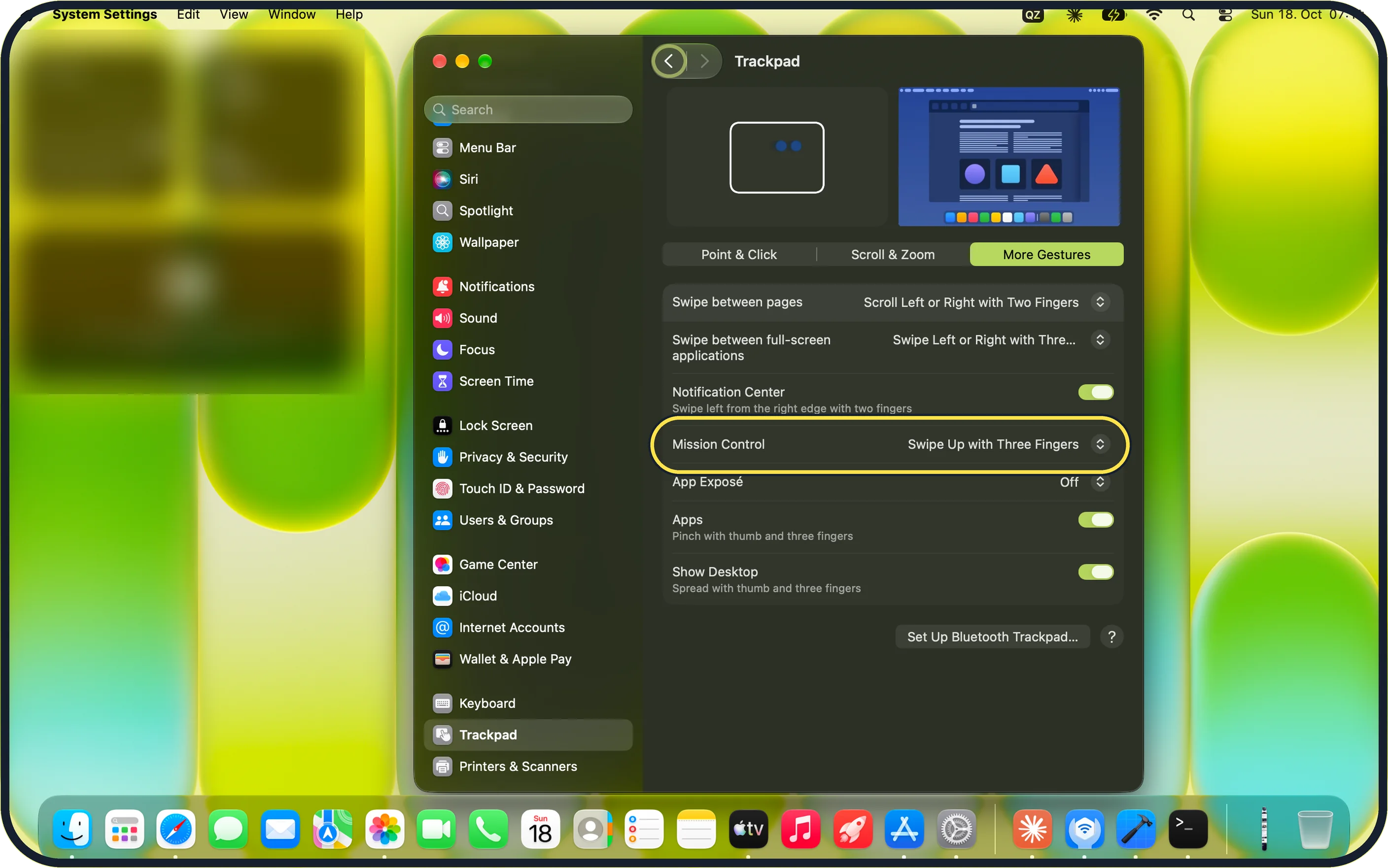 Mac screenshot: Swipe with three fingers for Mission Control and desktops