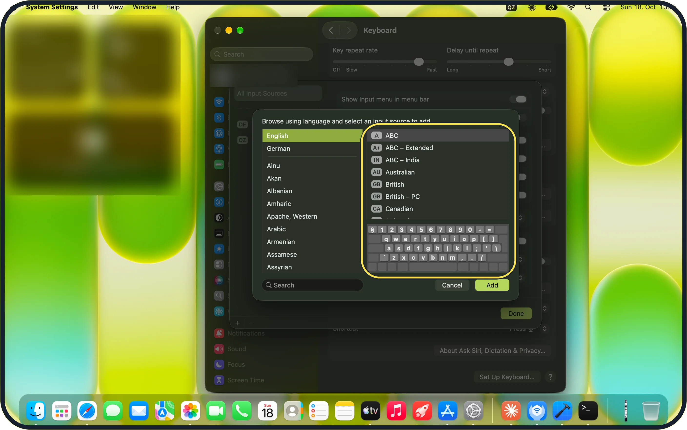 Mac screenshot: Add the right layout