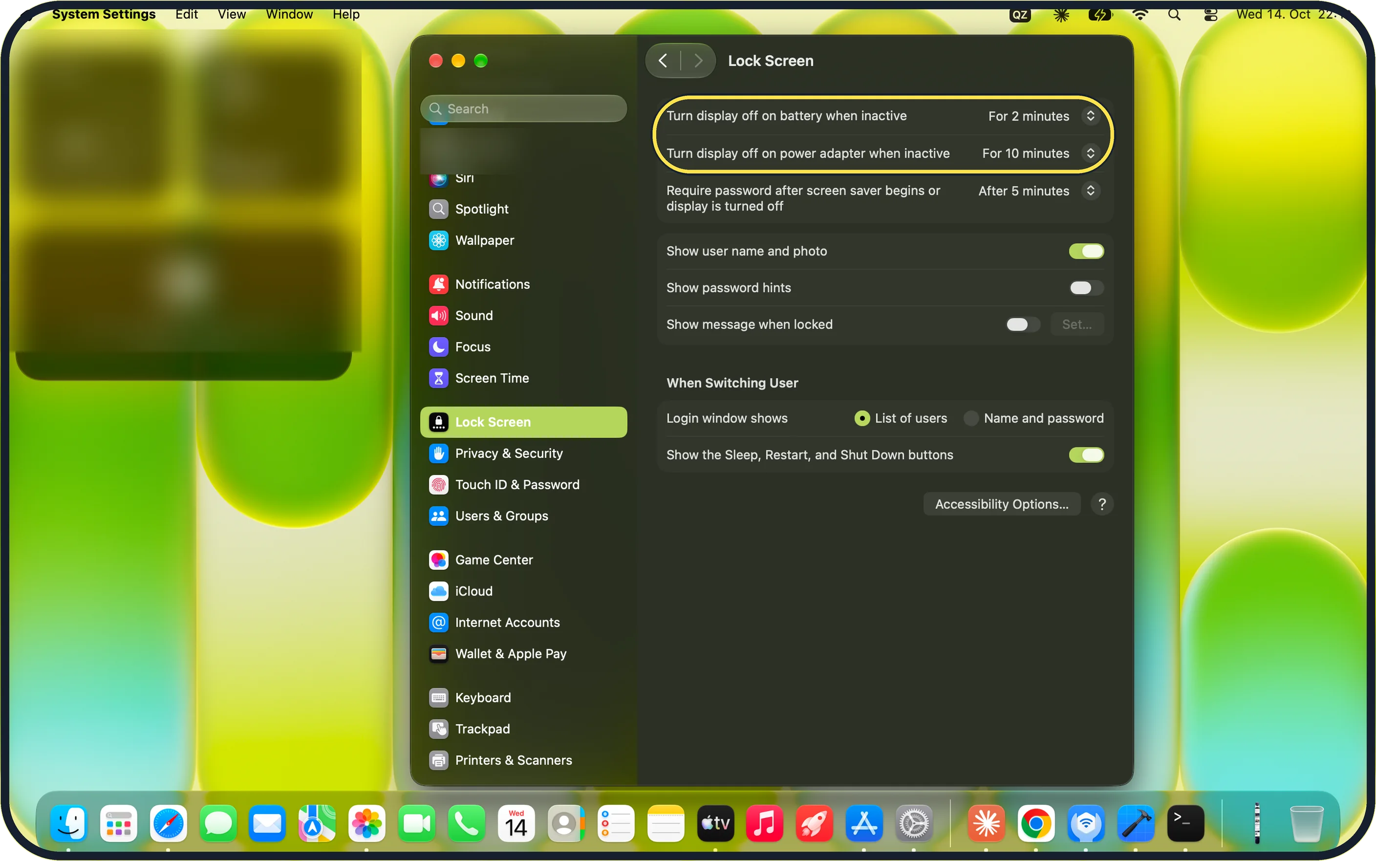 Mac screenshot: Check the display-off times