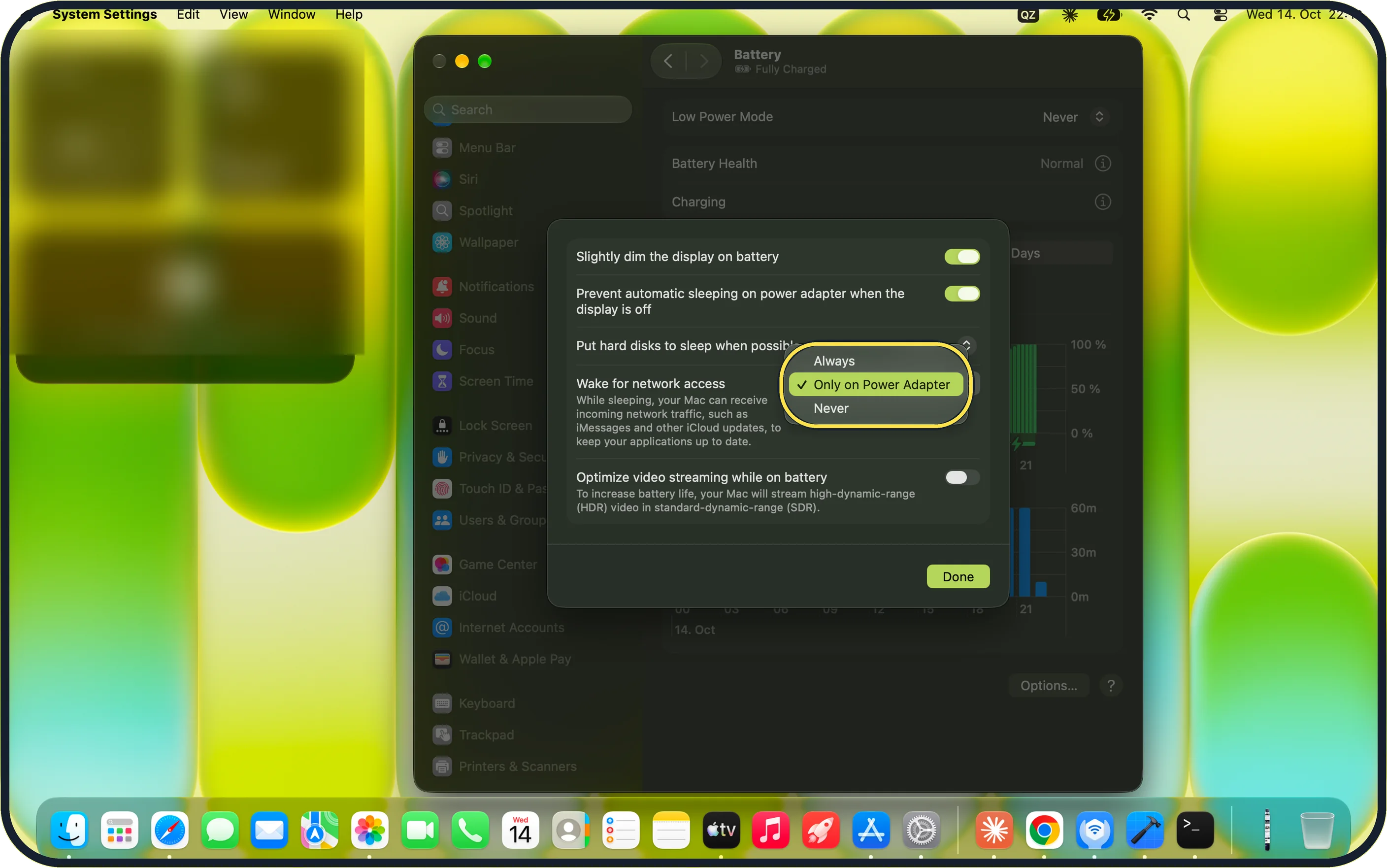 Mac screenshot: Set Wake for network access to Never