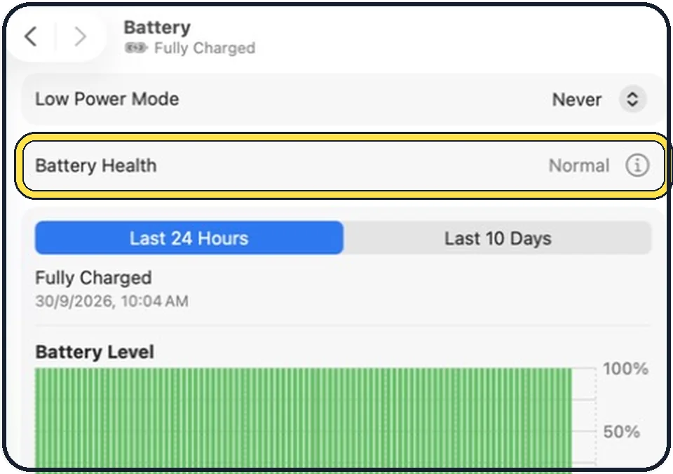 Part of the Mac System Settings window: Read the battery status