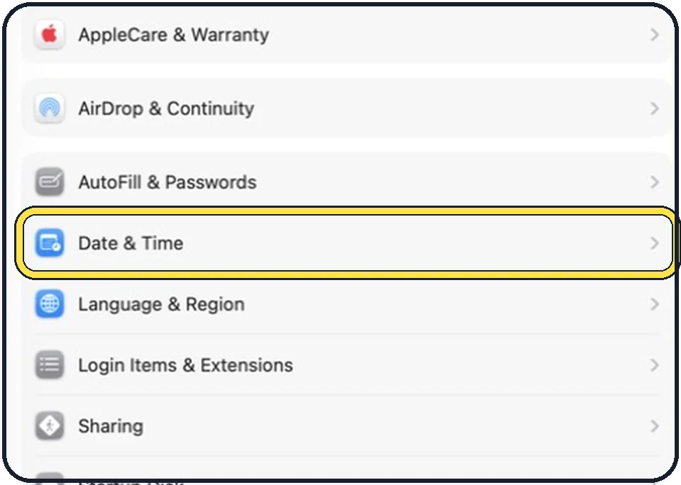 Part of the Mac System Settings window: Check the date and time