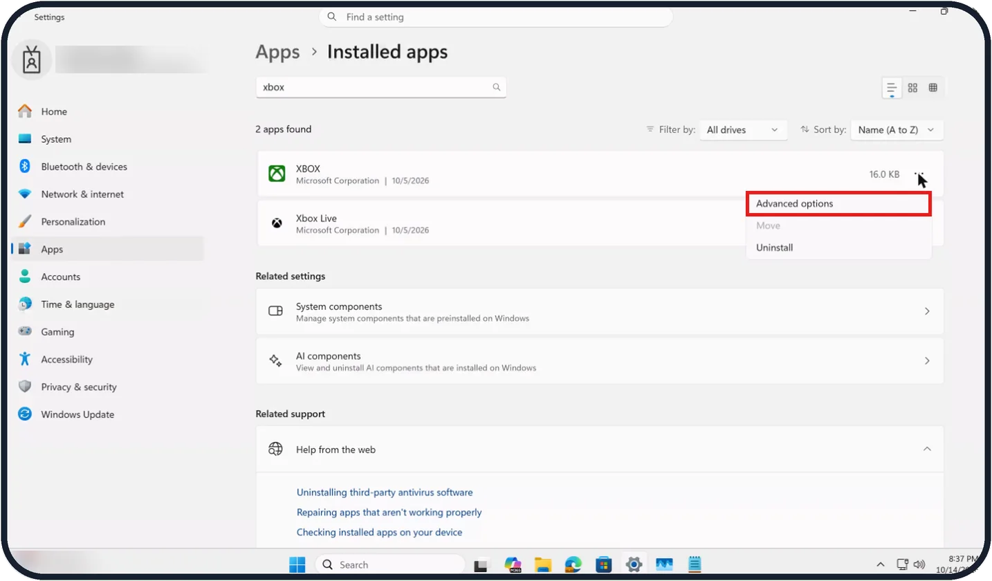 Windows screenshot: Open the app's Advanced options