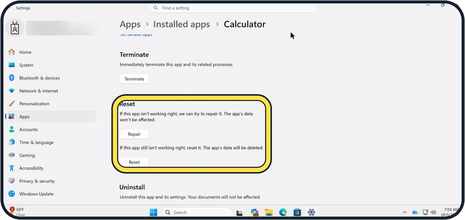 Windows screenshot: Repair, then Reset