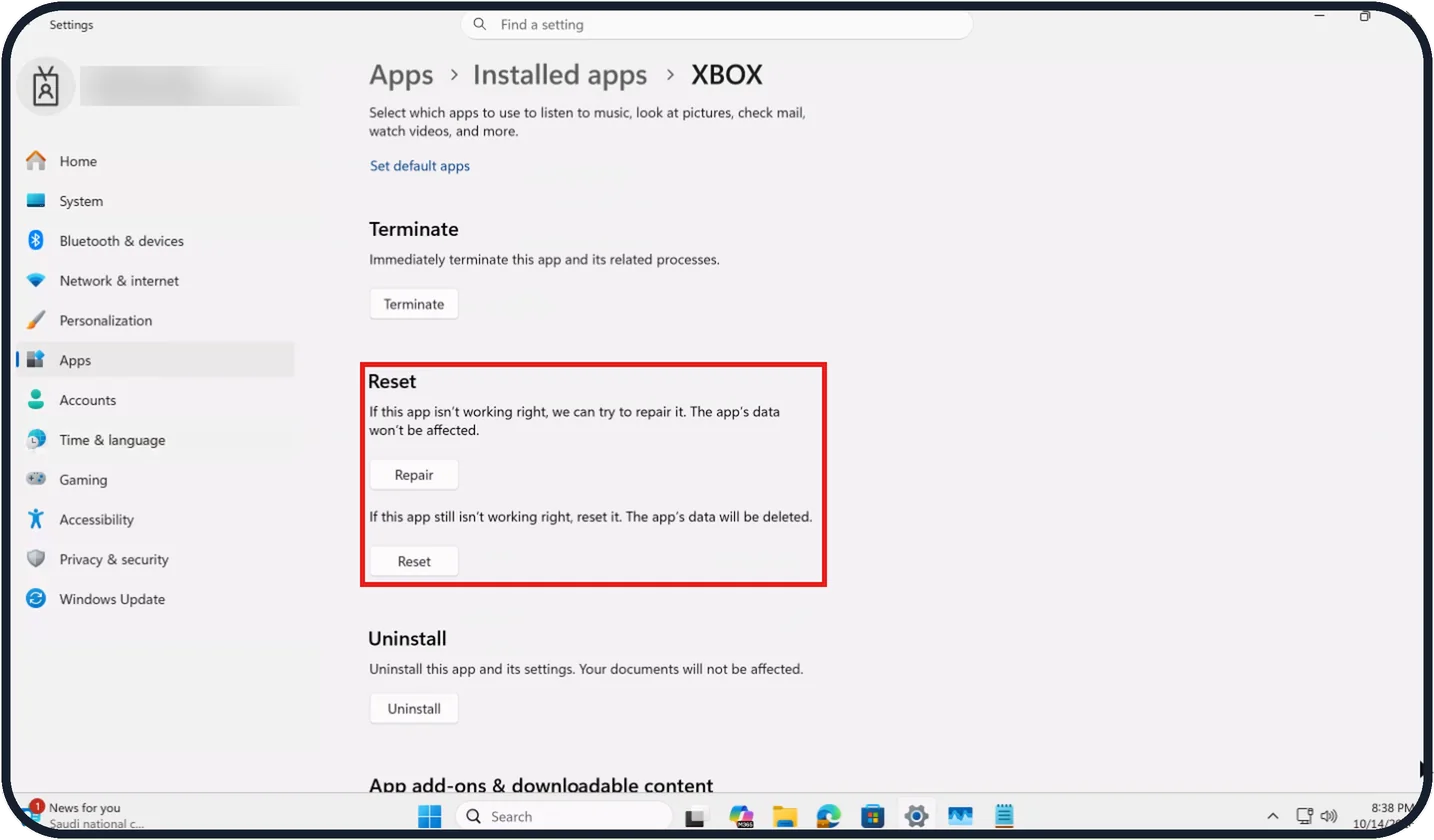 Windows screenshot: Games: repair the Xbox app and Gaming Services