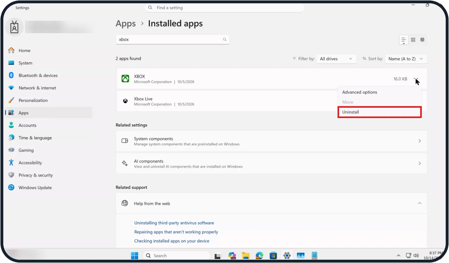 Windows screenshot: Uninstall the app