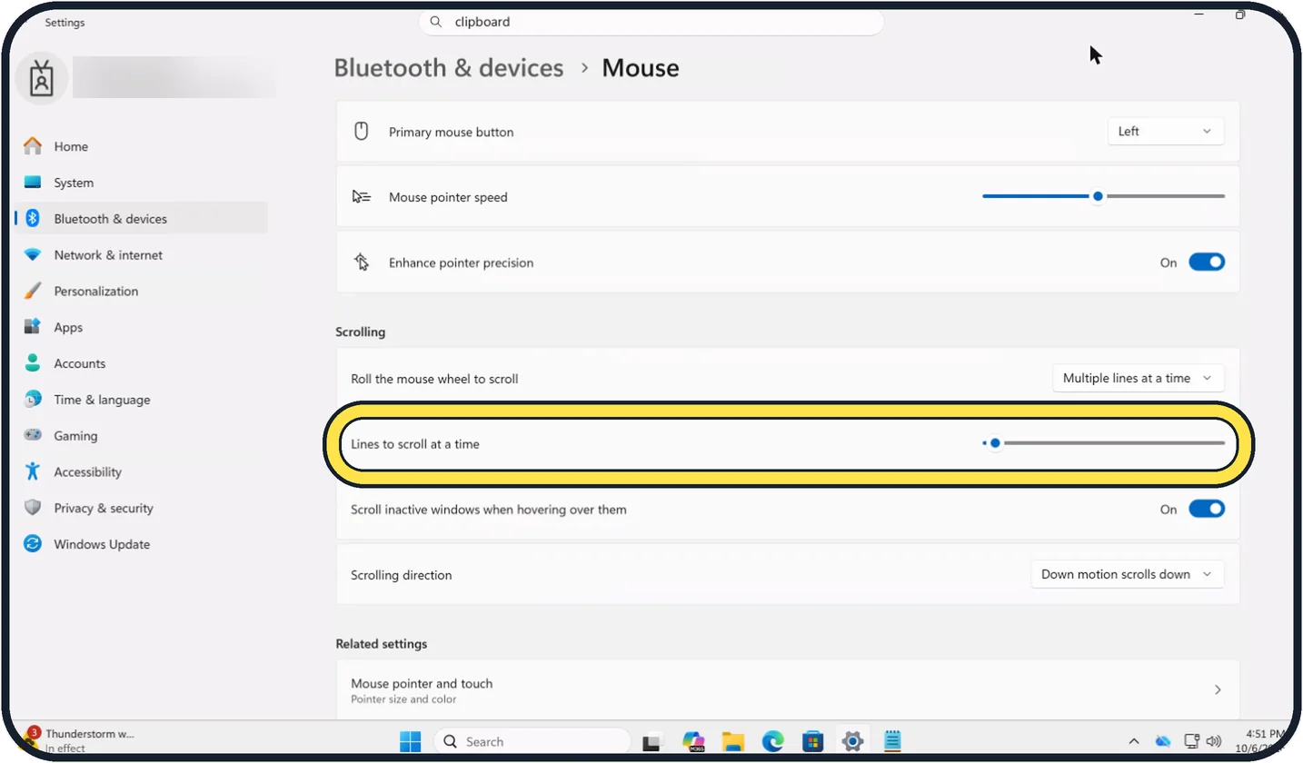 Windows screenshot: Make scrolling slower or faster