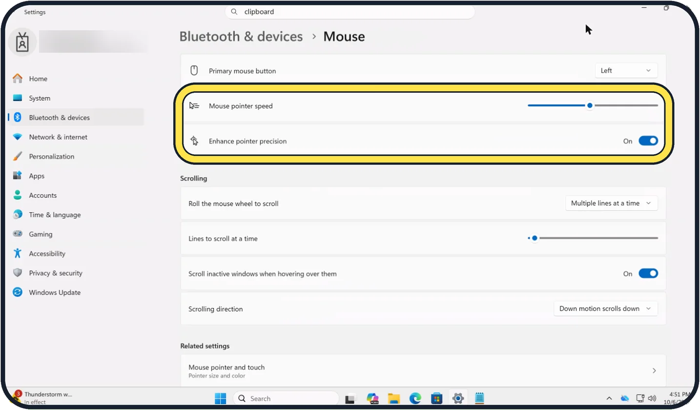 Windows screenshot: Change the pointer speed