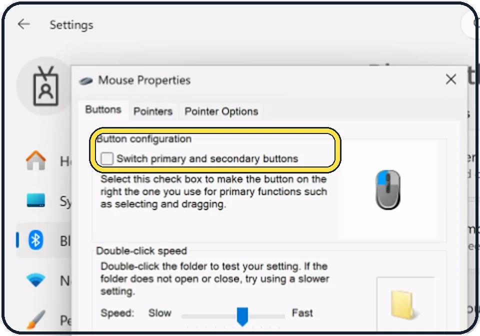 Windows screenshot: Left and right buttons swapped