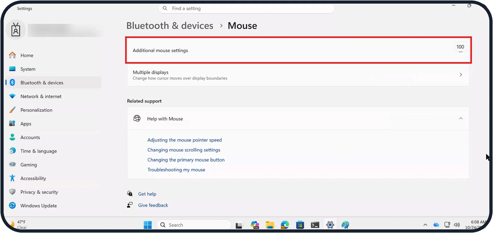 Windows screenshot: Open Additional mouse settings