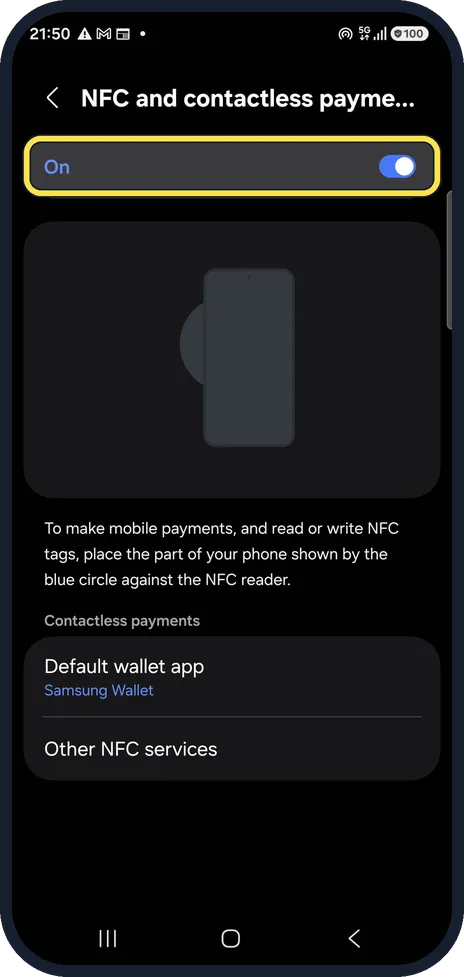 Android screenshot: Turn on NFC