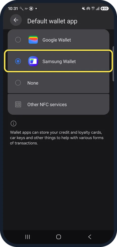 Android screenshot: Choose the default wallet app
