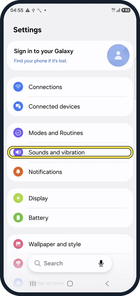 Android screenshot: Open Sounds and vibration