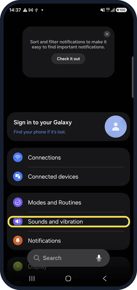 Android screenshot: Open Sounds and vibration