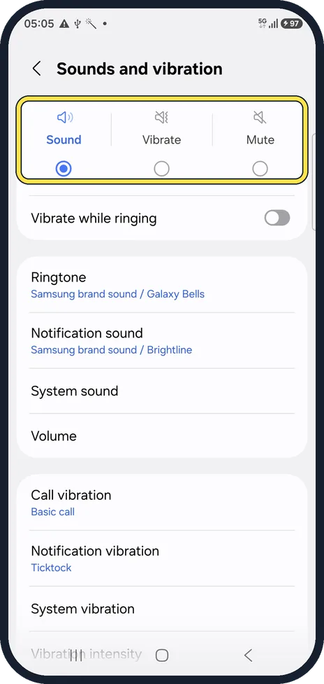 Android screenshot: Choose Sound, not Vibrate or Mute