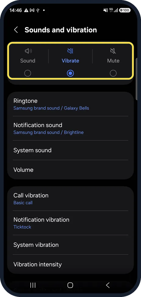 Android screenshot: Choose Sound, not Vibrate or Mute