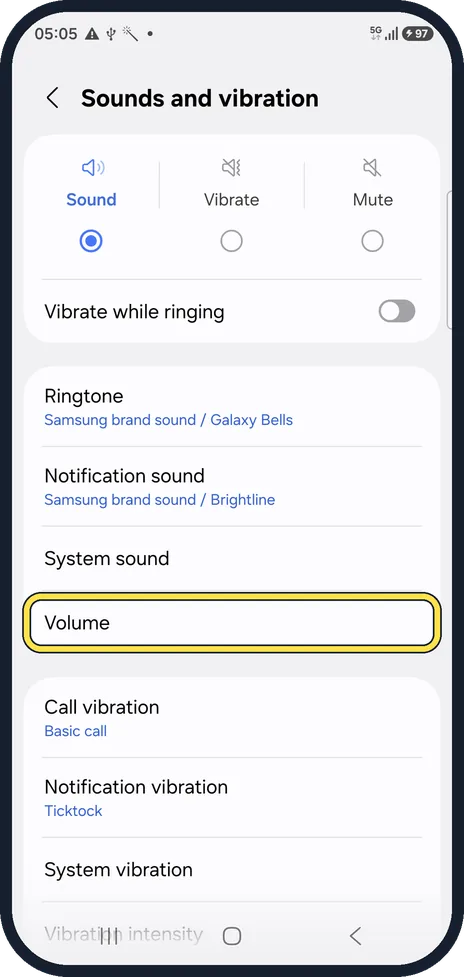 Android screenshot: Open Volume