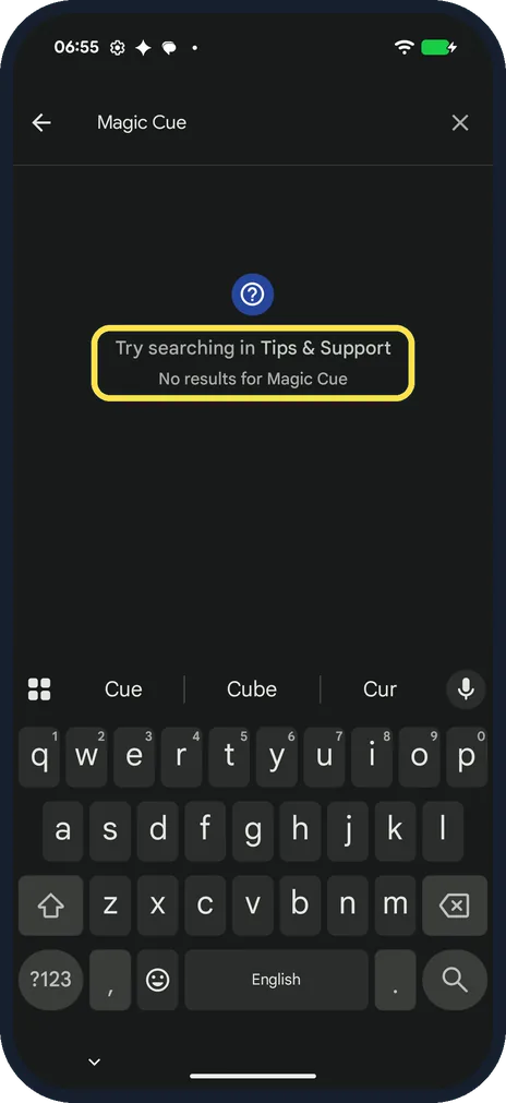 Android screenshot: Search Settings for Magic Cue: no results