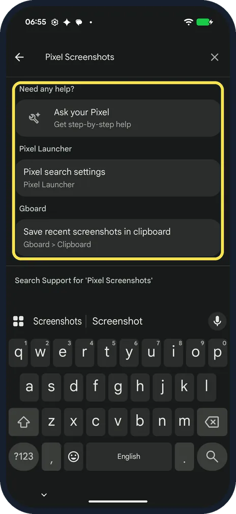 Android screenshot: Search Pixel Screenshots: no app