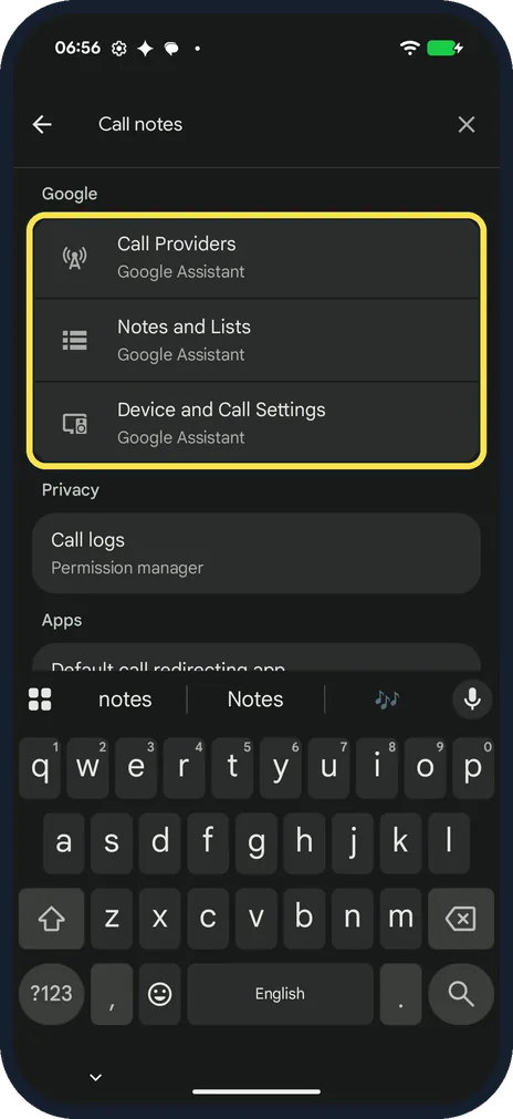 Android screenshot: Search Call notes: no match