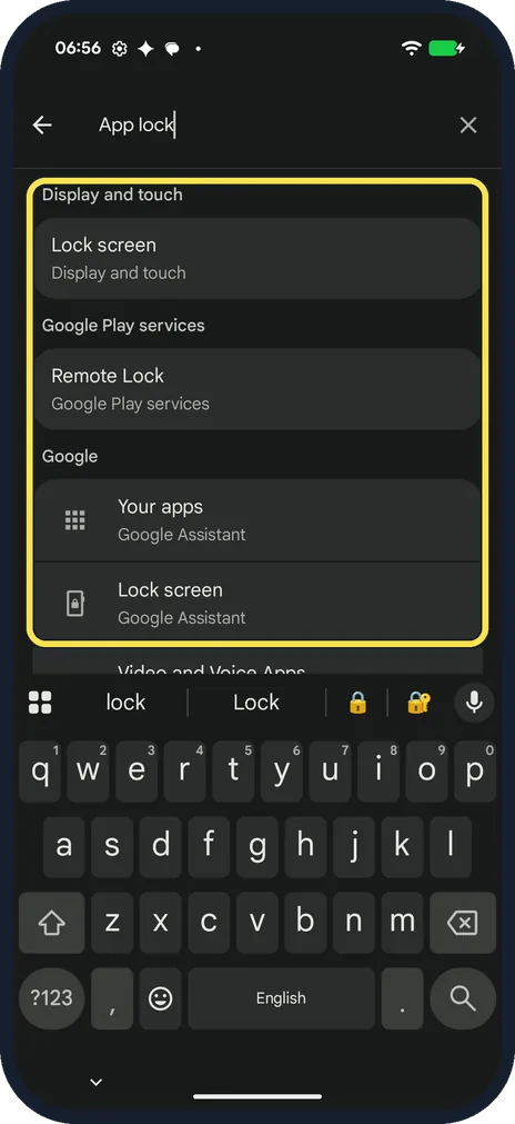 Android screenshot: Search App lock: no App lock