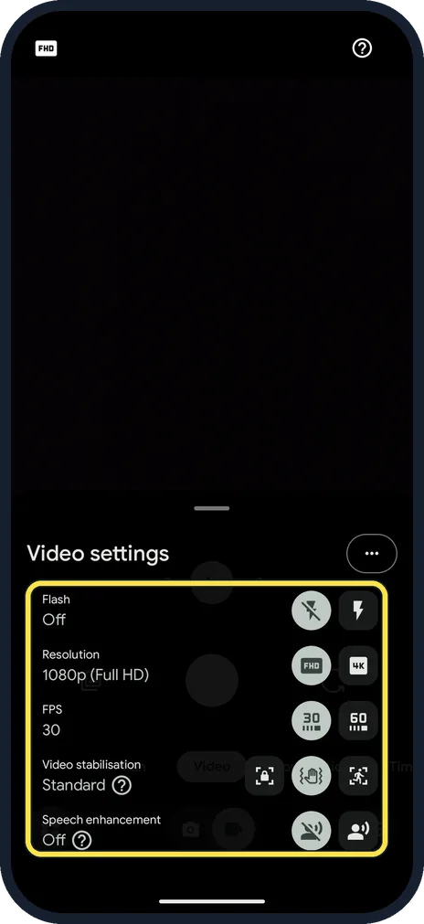 Android screenshot: Camera video: no Video Boost or Night Sight video
