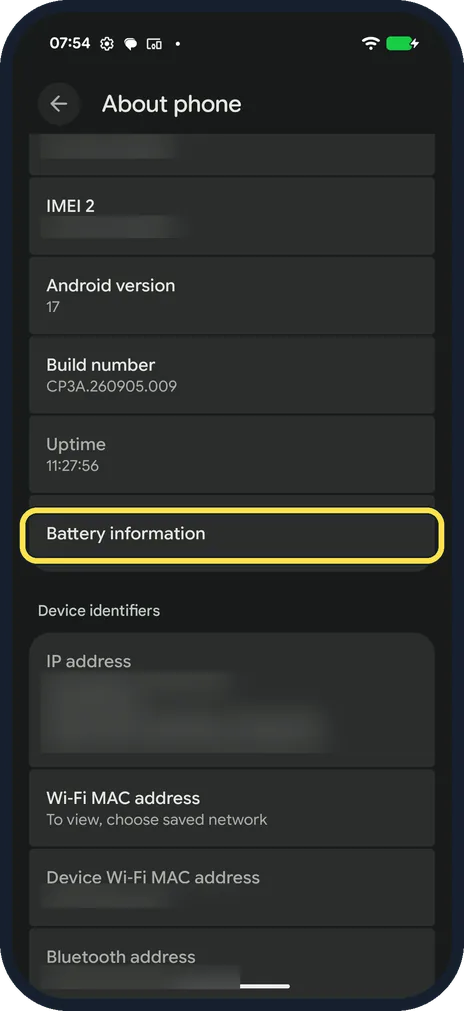 Android screenshot: Open Battery information