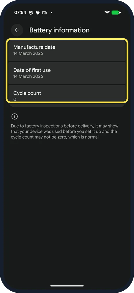 Android screenshot: Check the dates and cycle count