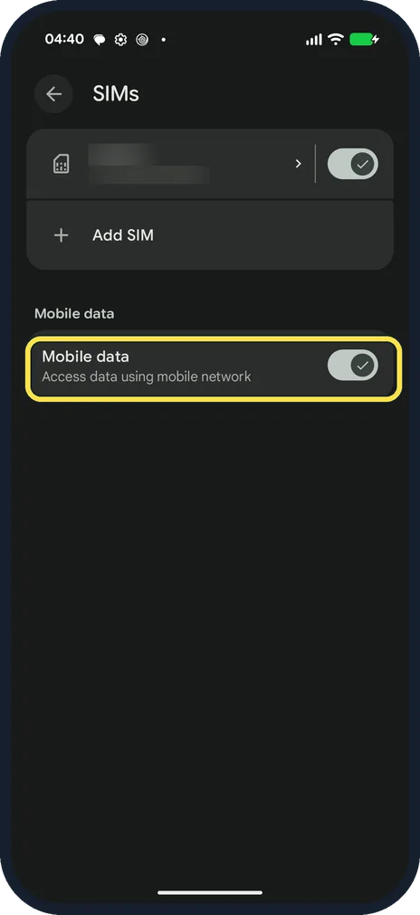 Android screenshot: Check Mobile data