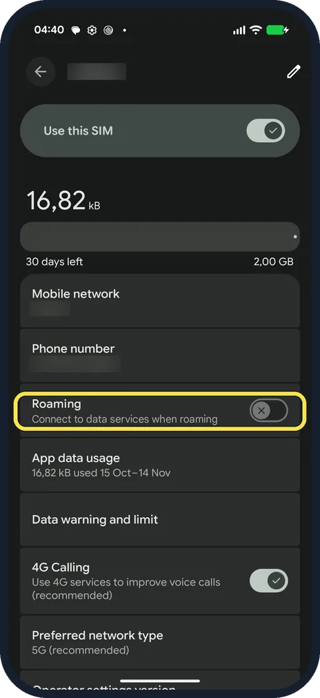 Android screenshot: Open your SIM and check Roaming