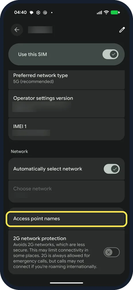 Android screenshot: Check Access point names