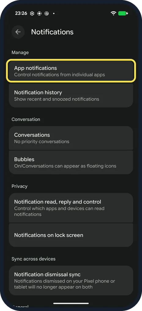 Screenshot from the guide: Pixel not getting notifications? 6 settings to check (Android 17)