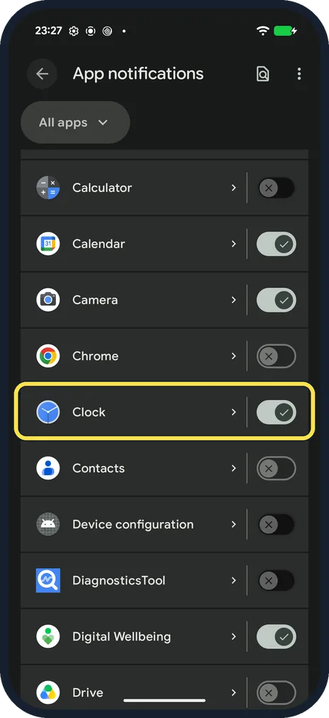 Android screenshot: Find the app and check its switch