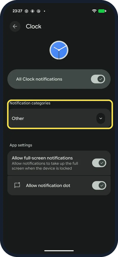 Android screenshot: Check the app's notification categories