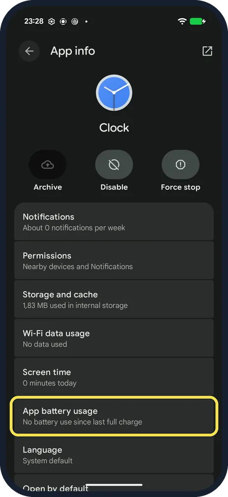 Android screenshot: Open the app's battery setting