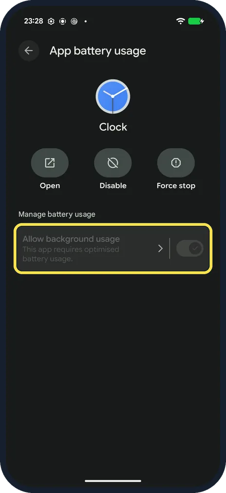 Android screenshot: Allow background usage