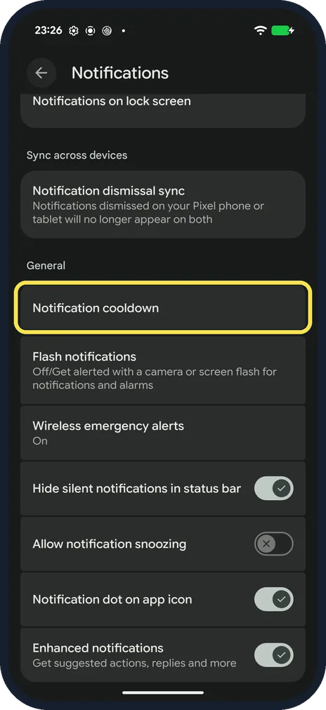 Android screenshot: Check Notification cooldown