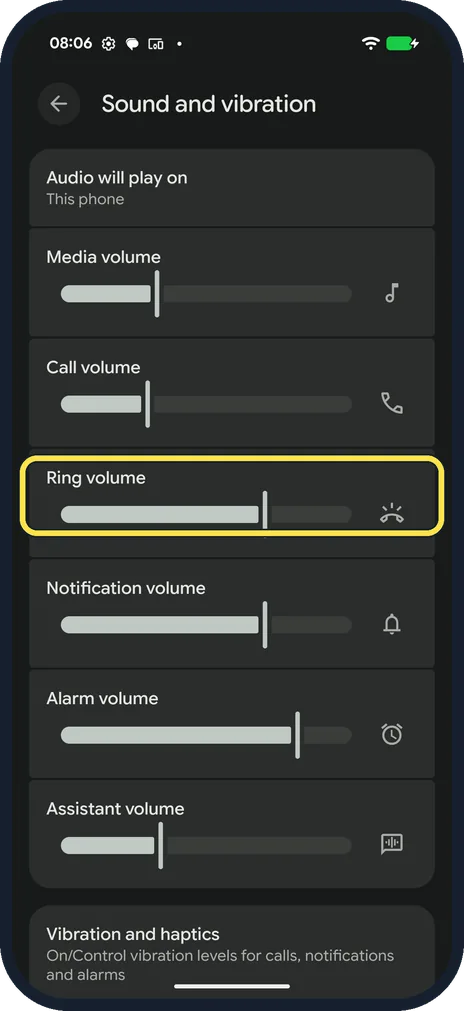 Android screenshot: Turn up Ring volume