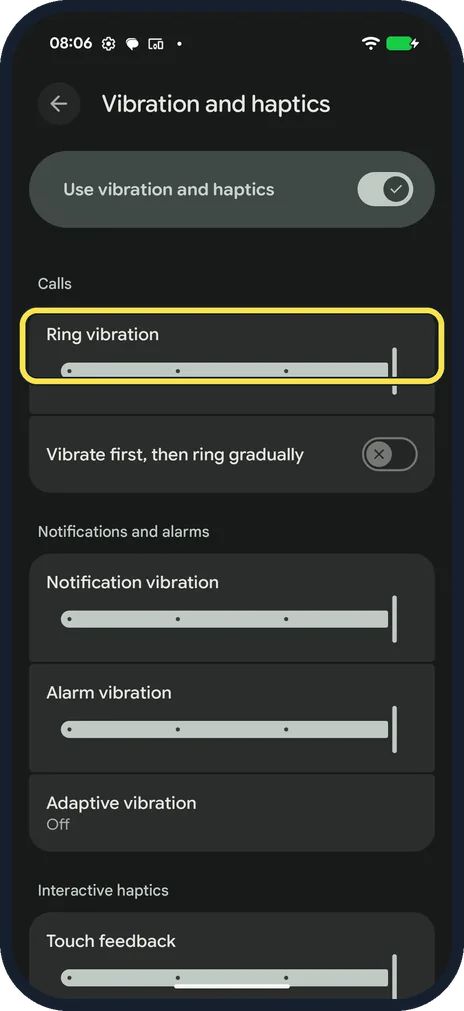 Android screenshot: Check the ring vibration
