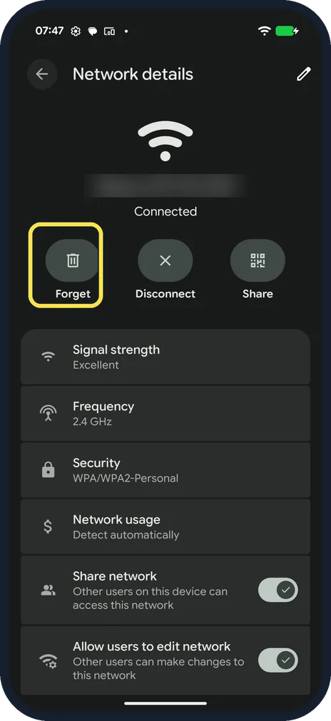 Android screenshot: Check the signal, or forget the network
