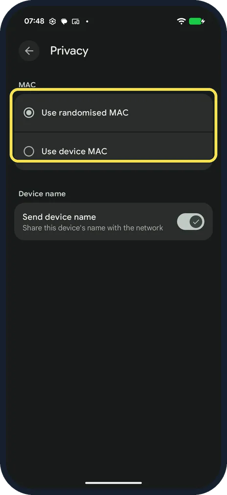 Android screenshot: Check Privacy (MAC address)