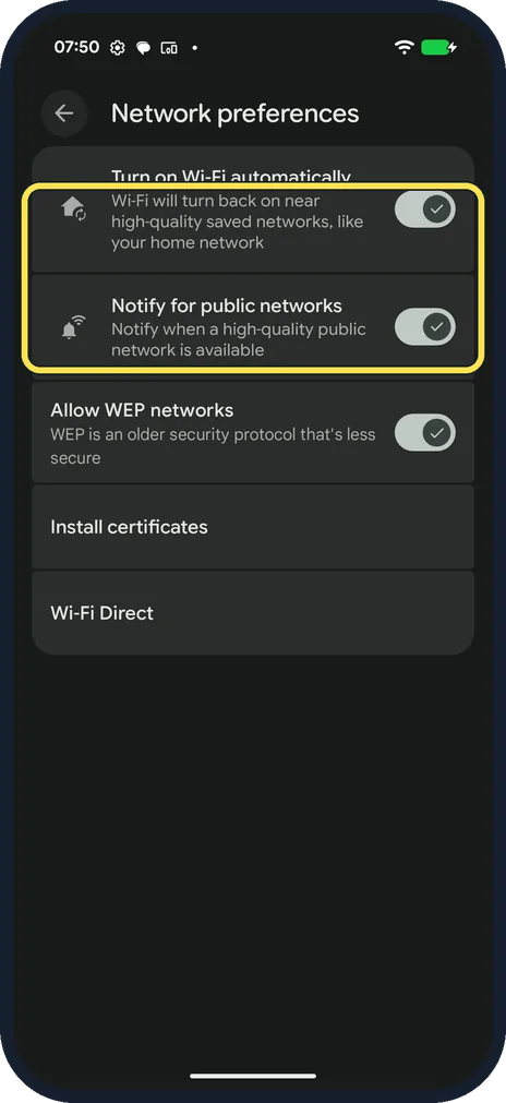 Android screenshot: Check Network preferences
