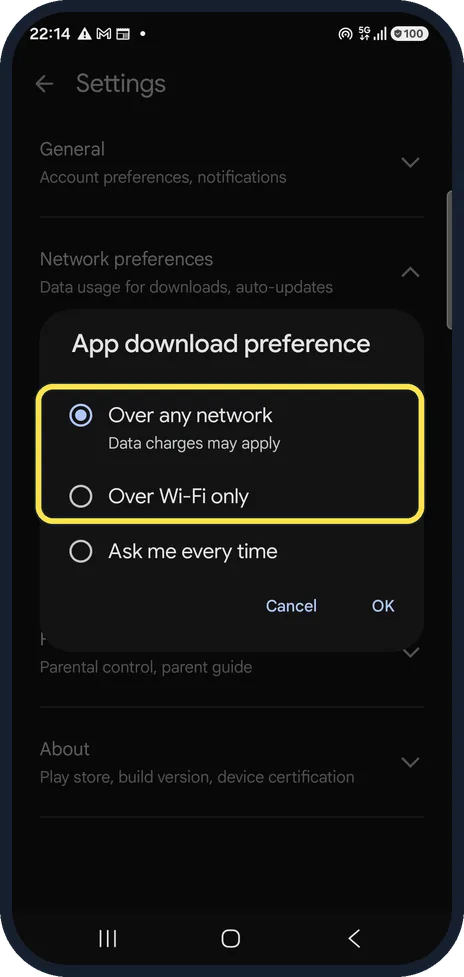 Android screenshot: Check the download preference