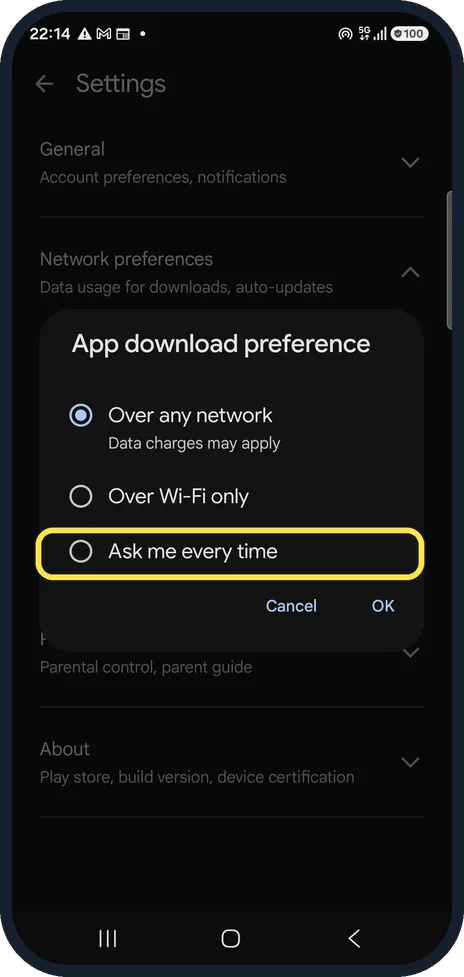 Android screenshot: Ask every time if you are unsure