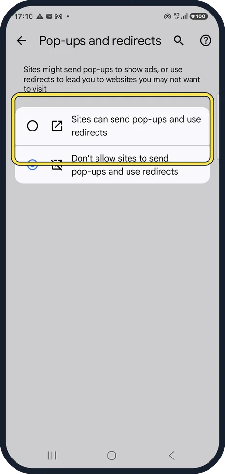 Android screenshot: Block pop-ups in Chrome